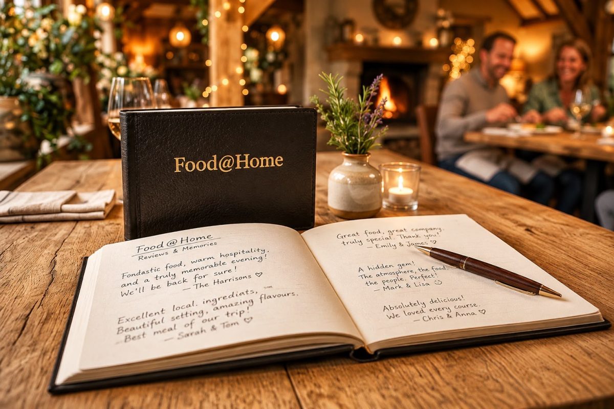 Opengeslagen gastenboek van Food@Home op een gedekte tafel
