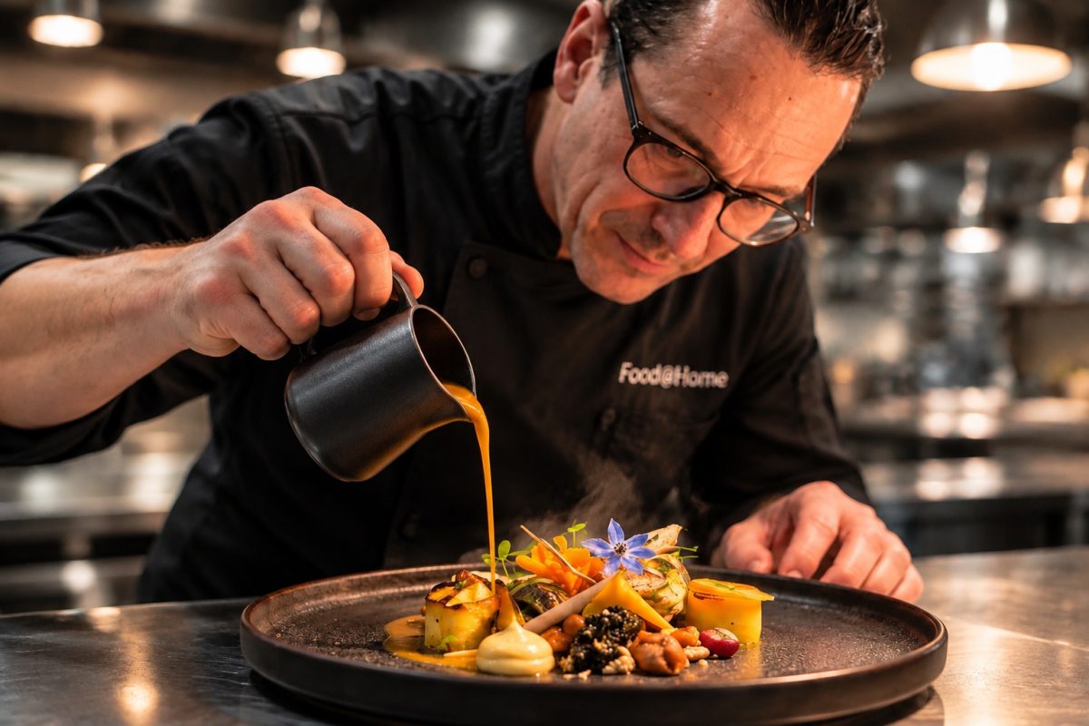 Henk Janssens giet saus over een bord