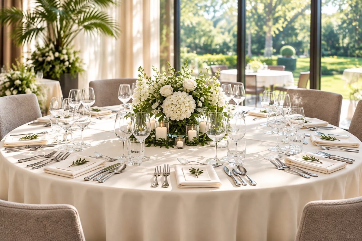 Feestelijk gedekte ronde tafel met witte bloemen